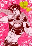  abs adonis_belt contrapposto fingerless_gloves gloves heart heart_hands jojo_no_kimyou_na_bouken joseph_joestar_(young) konpane_(ohj) male_focus midriff monochrome official_style one_eye_closed scarf solo standing 