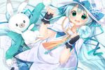  alza aqua_hair bunny cape fingerless_gloves gloves green_eyes hat hatsune_miku long_hair scarf snowflakes vocaloid wand yuki_miku yukine_(vocaloid) 