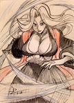  afterimage alex_ahad bleach blue_eyes breasts chain cleavage hagoromo huge_breasts japanese_clothes lipstick long_hair makeup matsumoto_rangiku mole mole_under_mouth no_bra partially_colored shawl solo sword weapon 