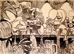  alex_ahad annie_(skullgirls) bendy_straw black_dahlia commentary drink drinking drinking_straw eyepatch fur_hat greyscale hair_over_one_eye hat monochrome multiple_girls sagan_(skullgirls) skullgirls ushanka veil 