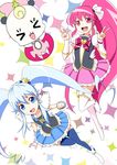  &gt;_&lt; :d aino_megumi blue_eyes blue_hair blue_legwear blue_skirt boots bow closed_eyes crown cure_lovely cure_princess double_v earrings eyelashes hair_ornament happinesscharge_precure! happy heart heart_hair_ornament high_heels jewelry long_hair looking_at_viewer magical_girl multiple_girls nekota_susumu open_mouth pink_bow pink_eyes pink_hair pink_skirt ponytail precure puffy_sleeves ribbon_(happinesscharge_precure!) shirayuki_hime shirt skirt smile thigh_boots thighhighs thighs twintails v wide_ponytail wrist_cuffs xd 