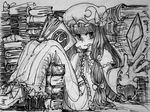  alex_ahad book book_stack bow capelet crescent dress greyscale hair_bow hat long_dress long_hair marker_(medium) monochrome patchouli_knowledge reading sitting solo too_many too_many_books touhou traditional_media 