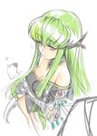  bare_shoulders breasts c.c. cheese-kun cleavage code_geass creayus crossed_arms detached_collar green_hair hair_ornament long_hair medium_breasts sketch solo upper_body yellow_eyes 