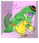  alligator blush boneless_(mlp) dancing duo english_text feral friendship_is_magic gummy_(mlp) hat male my_little_pony purple_eyes reptile rubber_chicken scalie text tilly-towell toy 