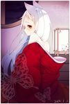  animal_ears bare_shoulders bug butterfly fox_ears insect japanese_clothes long_hair looking_at_viewer off_shoulder original petite red_eyes repachi_(sicp) short_eyebrows solo white_hair 