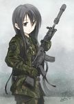  artist_name assault_rifle belt black_hair brown_eyes dated gloves gun hair_between_eyes highres holding holding_gun holding_weapon howa_type_89 kem_kem long_hair looking_at_viewer military military_jacket military_uniform original rifle rifle_grenade sidelocks snowing solo type_06_rifle_grenade uniform weapon 