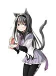  akemi_homura animal_ears bad_id bad_pixiv_id black_hair blush cat_ears cat_tail flying_sweatdrops grey_skirt hairband kemonomimi_mode kyabechi long_hair magical_girl mahou_shoujo_madoka_magica mahou_shoujo_madoka_magica_movie pantyhose purple_eyes ribbon simple_background skirt solo soul_gem tail white_background 