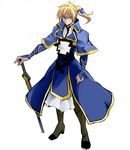  blonde_hair blue_eyes bridal_gauntlets capelet da_panda greaves guilty_gear guilty_gear_xrd ky_kiske male_focus planted_sword planted_weapon ponytail solo sword weapon 