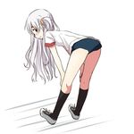  bad_id bad_pixiv_id bent_over blush buruma from_behind gym_uniform kyabechi looking_back mahou_shoujo_madoka_magica mahou_shoujo_madoka_magica_movie momoe_nagisa scrunchie solo two_side_up wavy_hair white_hair 