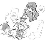  1girl animal_ears ashford_academy_uniform c.c. cat_ears cat_tail cat_teaser code_geass couch creayus greyscale kemonomimi_mode lelouch_lamperouge lying monochrome on_stomach school_uniform tail 