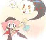  bad_pixiv_id bonnet candeloro charlotte_(madoka_magica) cheese dress drooling dual_persona flying food ghost_tail kyabechi mahou_shoujo_madoka_magica mahou_shoujo_madoka_magica_portable monster no_humans ribbon solid_oval_eyes spoilers thought_bubble upper_body witch_(madoka_magica) 