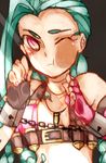  1girl against_glass blue_hair female fingerless_gloves gloves jinx_(league_of_legends) league_of_legends one_eye_closed pixiv_manga_sample red_eyes solo tattoo tattoos wink 