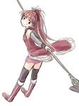  arm_guards bad_id bad_pixiv_id bare_shoulders black_legwear boots dress full_body hair_ribbon kyabechi lance long_hair long_sleeves looking_back magical_girl mahou_shoujo_madoka_magica mahou_shoujo_madoka_magica_movie outstretched_arm polearm ponytail red_dress red_eyes red_hair ribbon sakura_kyouko simple_background skirt sleeveless sleeveless_dress smile solo spear thighhighs weapon white_background zettai_ryouiki 