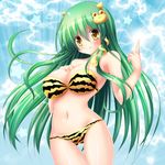  animal_print bikini breasts cleavage cosplay fang frog_hair_ornament green_hair hair_ornament horns kochiya_sanae large_breasts lightning long_hair lum lum_(cosplay) navel osashin_(osada) smile snake_hair_ornament solo swimsuit tiger_print touhou urusei_yatsura very_long_hair yellow_eyes 