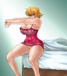  bare_shoulders bed blonde_hair breasts closed_eyes feet_out_of_frame highres huge_breasts igawa_sakura lingerie negligee short_hair sitting solo stretch taimanin_(series) taimanin_asagi thighs underwear waking_up wrato 