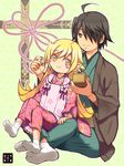  1girl araragi_koyomi bakemonogatari beans black_eyes black_hair blonde_hair blush_stickers box eating feeding hair_over_one_eye highres japanese_clothes kimono kurarin long_hair monogatari_(series) oshino_shinobu pointy_ears setsubun short_hair socks yellow_eyes 