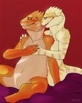  affection amit anthro bearded_dragon blanket breasts chubby claws earhole eye_contact female holding_paws licking lizard male navel non-mammal_breasts nude orange_theme plain_background red_background reptile scales scalie sitting stripes tongue yellow_eyes 