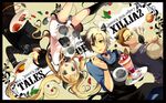  3boys animal_ears apron black_border black_hair black_legwear blonde_hair border brown_hair cat cat_ears character_name copyright_name elle_mel_martha food fork fruit glasses gloves green_eyes heterochromia highres julius_will_kresnik kemonomimi_mode kneehighs long_hair ludger_will_kresnik lulu_(tales) macaron meat miyu_(matsunohara) multiple_boys parfait plate raspberry red_eyes skirt smile strawberry tales_of_(series) tales_of_xillia tales_of_xillia_2 tomato tray twintails upside-down victor_(tales) 