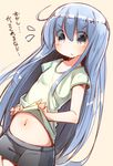  blue_eyes blue_hair blush flying_sweatdrops fujiwara_gacho long_hair looking_at_viewer navel original shirt short_sleeves shorts simple_background sketch solo sui_(fujiwara_gacho) t-shirt translation_request 