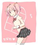  bad_id bad_pixiv_id bow character_name commentary hair_ribbon heart kaname_madoka key kyabechi looking_back mahou_shoujo_madoka_magica mahou_shoujo_madoka_magica_movie open_mouth pink_background pink_eyes pink_hair ribbon school_uniform short_twintails skirt smile solo thighhighs translated twintails 