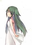  arms_behind_back bad_id bad_pixiv_id bare_shoulders commentary_request dress from_behind green_eyes green_hair hair_flaps head_tilt kyabechi long_hair looking_at_viewer looking_back nitroplus saya saya_no_uta sleeveless sleeveless_dress smile solo sundress very_long_hair white_background 