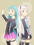  :d aqua_eyes bad_id bad_pixiv_id blue_eyes blush cosplay detached_sleeves hatsune_miku hatsune_miku_(cosplay) hinata_(uzukitten) ia_(vocaloid) ia_(vocaloid)_(cosplay) long_hair multiple_girls necktie open_mouth single_thighhigh skirt smile thigh_strap thighhighs twintails very_long_hair vocaloid zettai_ryouiki 