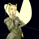  antenna_hair bad_id bad_pixiv_id black_coat_(kingdom_hearts) blonde_hair cloak gloves green_eyes kingdom_hearts larxene one_eye_closed solo ssmell 