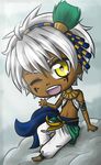  1boy bes bes_(mirage_noir) chibi dark egyptian feather feathers gold_eyes hairband highres mirage_noir skin solo white_hair yellow_eyes 