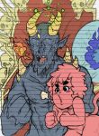  2018 barazoku big_ears bubble_gum buubly buublybutt chair couple_(disambiguation) demon duo female fire food_creature hair horn humanoid humor male mammal pink_hair power size_difference skull thick_thighs thorm throne traditional_media_(artwork) 