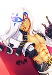  abs bad_id bad_pixiv_id belt black_gloves blue_eyes character_name cue_ball d-tai dark_skin dark_skinned_male detached_sleeves gloves guilty_gear hair_over_one_eye lips male_focus nose shirtless sitting sitting_on_lap sitting_on_person solo venom_(guilty_gear) white_hair 