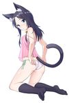  adjusting_clothes adjusting_panties animal_ears black_hair black_legwear blue_eyes blush camisole cat_ears cat_tail kneehighs kneeling long_hair mofu original panties side-tie_panties simple_background solo strap_slip tail underwear underwear_only white_background white_panties 