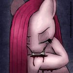 blood crying dark dunnowhattowritte equine eyes_closed friendship_is_magic hair horse mammal mouth_hold my_little_pony pink_hair pinkamena_(mlp) pinkie_pie_(mlp) pony self_harm solo tears 