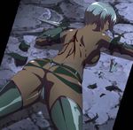  1girl ass back blood blue_hair dark_skin highres injury irma lying panties queen&#039;s_blade queen's_blade short_hair solo stitched thong topless underwear 