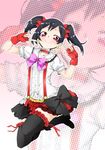  \m/ akitsuki_itsuki black_hair blush bokura_wa_ima_no_naka_de boots bow double_\m/ earrings fingerless_gloves gloves hair_bow highres jewelry jumping looking_at_viewer love_live! love_live!_school_idol_project red_eyes short_hair skirt smile solo thighhighs twintails yazawa_nico 