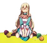  1girl apron bad_id blonde_hair blush dress efimov_(x_003) eyes_closed female kagerou_project knitting_needle knitting_needles long_hair mary_(kagerou_project) needle open_mouth sitting smile solo wariza yarn 