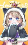  1girl animal_hood ao+beni bangs black_capelet blue_eyes blush capelet cat_hood character_name commentary_request crown dated facial_mark frilled_gloves frills fur-trimmed_capelet fur_trim gloves grey_hair grin halloween_costume heart hood hood_up hooded_capelet looking_at_viewer love_live! love_live!_sunshine!! orange_background paw_gloves paws short_hair signature smile solo swept_bangs upper_body watanabe_you 