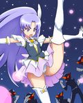  1girl arm_up arm_warmers artist_request ass boots cure_fortune dress happinesscharge_precure! highres hikawa_iona kick kicking kurotsuki_usagi long_hair magical_girl necktie open_mouth ponytail precure purple_dress purple_eyes purple_hair skirt solo star sweat thigh_boots thighhighs underwear 