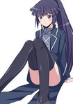  :&lt; akatsuki_(log_horizon) black_legwear blue_hair highres ike_masato log_horizon long_hair ponytail purple_eyes round_table_concil_uniform sitting solo thighhighs uniform 