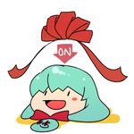  :d blush_stickers directional_arrow english green_hair head_scarf hitec kagiyama_hina looking_up lowres open_mouth ribbon shawl smile solid_oval_eyes solo touhou yukkuri_shiteitte_ne |_| 