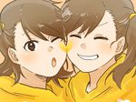  brown_hair futami_ami futami_mami grin heart idolmaster idolmaster_(classic) long_hair multiple_girls one_eye_closed pito_(sh02327) siblings side_ponytail smile twins 