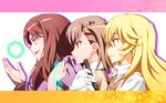  blonde_hair brown_eyes brown_hair controller electricity eyebrows_visible_through_hair gloves long_hair misaka_mikoto mugino_shizuri multiple_girls nyoro_(nyoronyoro000) portrait profile remote_control school_uniform shokuhou_misaki short_hair to_aru_kagaku_no_railgun to_aru_majutsu_no_index trait_connection 