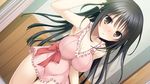  1girl armpits arms_up black_eyes black_hair blush breasts cleavage embarrassed game_cg highres hitsuji_takako kissart large_breasts legs lingerie long_hair looking_at_viewer mikoto_akemi natsume_azusa solo standing thighs underwear 