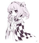  apron bell blush book checkered clothes_writing hair_bell hair_ornament japanese_clothes jingle_bell long_sleeves looking_at_viewer monochrome motoori_kosuzu short_hair simple_background smile solo suzume_miku touhou two_side_up white_background wide_sleeves 
