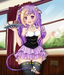  :d animal_ears black_legwear breast_squeeze breasts bursting_breasts cafe cleavage corset cow_ears frilled_skirt frills highres holding holding_tray horns indoors jug krmn-chan long_hair looking_at_viewer maid maid_cafe medium_breasts open_mouth original purple_eyes purple_hair purple_skirt sign skin_tight skirt smile solo standing tail teeth thighhighs tray zettai_ryouiki 