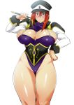  1girl akikusa_peperon blue_eyes blush breasts cleavage curvy forte_stollen galaxy_angel hat highleg highleg_leotard highres large_breasts leotard looking_at_viewer monocle red_hair short_hair smile solo standing thick_thighs thighs 