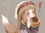  ! +_+ 1boy 1girl bangs blunt_bangs blush dated eating fang food hamburger hat holo kazaguruma light_brown_hair long_hair mcdonald&#039;s red_eyes ronald_mcdonald sidelocks spice_and_wolf tail twitter_username upper_body wolf_tail 