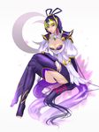  breasts bridal_gauntlets chaps cleavage cleavage_cutout crossed_legs diana_(league_of_legends) forehead_jewel forehead_protector highres kumiko_shiba league_of_legends long_hair pauldrons purple_eyes purple_hair sandals sitting solo thighhighs toeless_legwear vambraces very_long_hair 