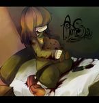  amnesia_(yume_nikki) bed blood boots brown_hair copyright_name crying hair_over_eyes long_hair ramuniku_(n2i2k2i2) sitting skirt solo spoilers stuffed_animal stuffed_toy tears teddy_bear toritsuki turtleneck 