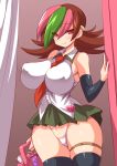  1girl bare_shoulders betterman black_legwear breasts brown_hair closed_mouth condom_packet_strip condom_wrapper elbow_gloves erect_nipples gloves green_hair green_skirt highres huge_breasts konno_tohiro legs_together long_hair looking_at_viewer microskirt multicolored_hair panties pink_hair red_eyes sai_hinoki shiny shiny_hair shiny_skin skindentation skirt smile solo standing thigh_strap thighhighs thighs underwear white_panties 