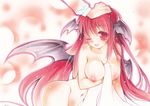  bed_sheet breasts head_wings koakuma large_breasts long_hair navel nipples nude one_eye_closed open_mouth petting piyosuka red_eyes red_hair smile solo_focus touhou traditional_media wings 